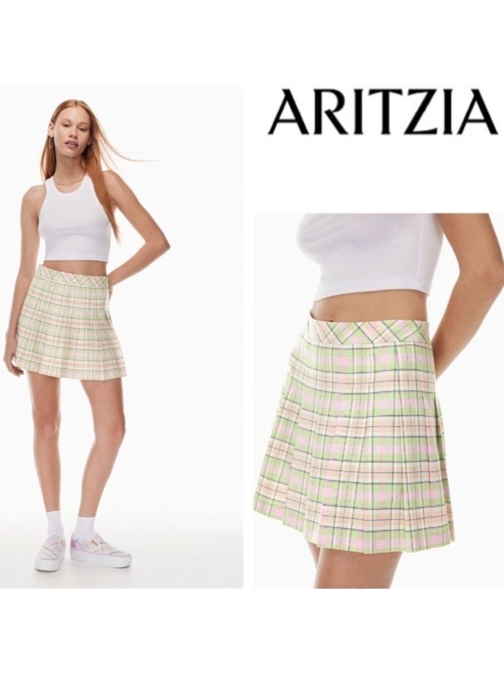 Aritzia Sunday Best Sun-deh Pleated Mini Skirt lime/fuchsia Plaid Size 00 XXS